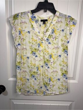 Have Floral White V-Neck Blouse with Blue, Yellow & Green Print
